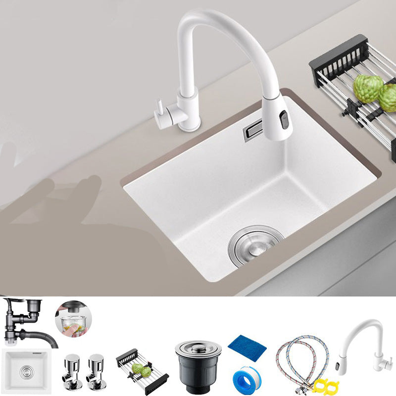 White Rectangle Kitchen Sink with Faucet Single Bowl Quartz Sink Sink with Faucet Pull Out Faucet Clearhalo 'Home Improvement' 'home_improvement' 'home_improvement_kitchen_sinks' 'Kitchen Remodel & Kitchen Fixtures' 'Kitchen Sinks & Faucet Components' 'Kitchen Sinks' 'kitchen_sinks' 6510544