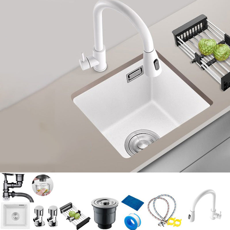 White Rectangle Kitchen Sink with Faucet Single Bowl Quartz Sink Sink with Faucet Pull Out Faucet Clearhalo 'Home Improvement' 'home_improvement' 'home_improvement_kitchen_sinks' 'Kitchen Remodel & Kitchen Fixtures' 'Kitchen Sinks & Faucet Components' 'Kitchen Sinks' 'kitchen_sinks' 6510552