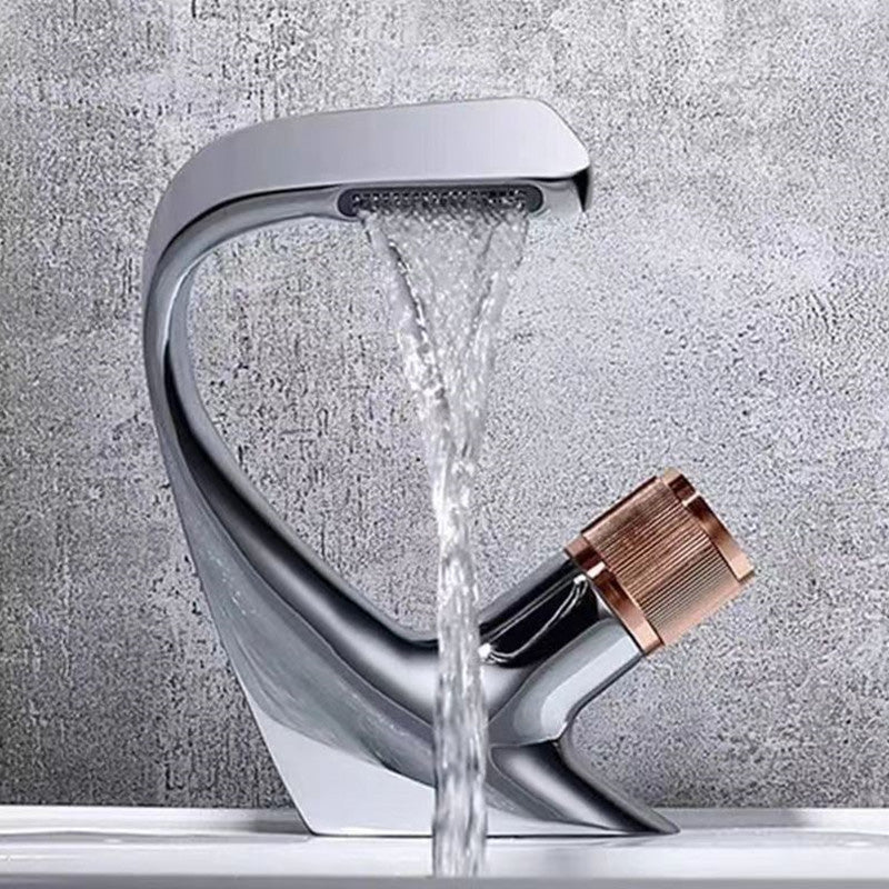 Modern Centerset Faucets Single Knob Handle Faucets with Waterfall Spout Silver Gold Clearhalo 'Bathroom Remodel & Bathroom Fixtures' 'Bathroom Sink Faucets' 'Bathroom Sinks & Faucet Components' 'bathroom_sink_faucets' 'Home Improvement' 'home_improvement' 'home_improvement_bathroom_sink_faucets' 6510685