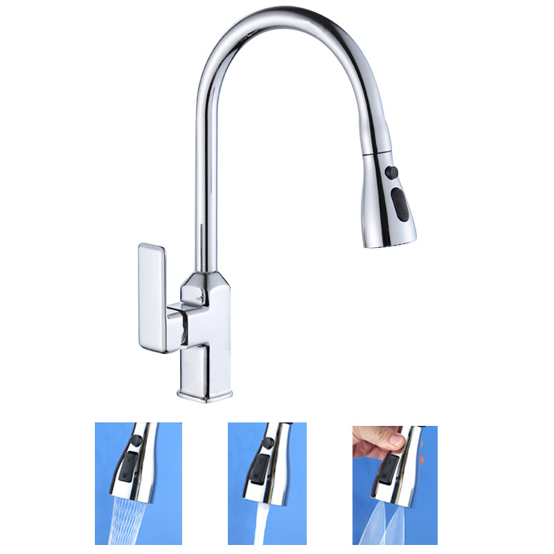 Contemporary Retractable Kitchen Faucet Copper 1-Handle High Arc Kitchen Faucet Silver Wide Faucet Clearhalo 'Home Improvement' 'home_improvement' 'home_improvement_kitchen_faucets' 'Kitchen Faucets' 'Kitchen Remodel & Kitchen Fixtures' 'Kitchen Sinks & Faucet Components' 'kitchen_faucets' 6510785
