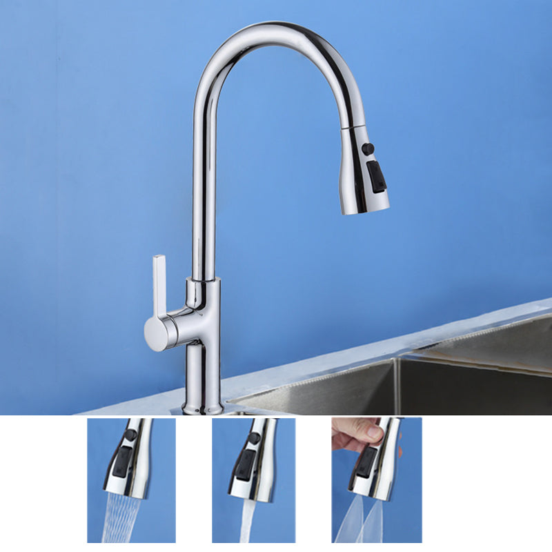 Contemporary Retractable Kitchen Faucet Copper 1-Handle High Arc Kitchen Faucet Silver Thin Faucet Clearhalo 'Home Improvement' 'home_improvement' 'home_improvement_kitchen_faucets' 'Kitchen Faucets' 'Kitchen Remodel & Kitchen Fixtures' 'Kitchen Sinks & Faucet Components' 'kitchen_faucets' 6510794