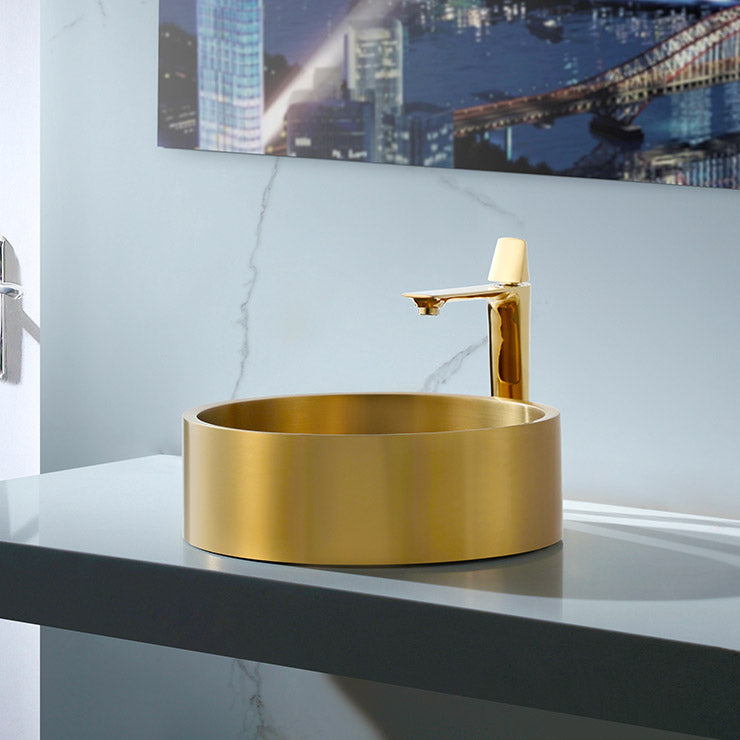 Modern Vessel Sink Round Metal with Basin and Faucet Vessel Lavatory Sink Gold Straight Faucet Sink with Faucet Clearhalo 'Bathroom Remodel & Bathroom Fixtures' 'Bathroom Sinks & Faucet Components' 'Bathroom Sinks' 'bathroom_sink' 'Home Improvement' 'home_improvement' 'home_improvement_bathroom_sink' 6511170