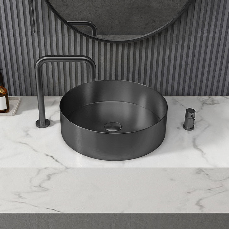 Modern Vessel Sink Round Metal with Basin and Faucet Vessel Lavatory Sink Frost Black Cold and Hot Tap Sink with Faucet Clearhalo 'Bathroom Remodel & Bathroom Fixtures' 'Bathroom Sinks & Faucet Components' 'Bathroom Sinks' 'bathroom_sink' 'Home Improvement' 'home_improvement' 'home_improvement_bathroom_sink' 6511172