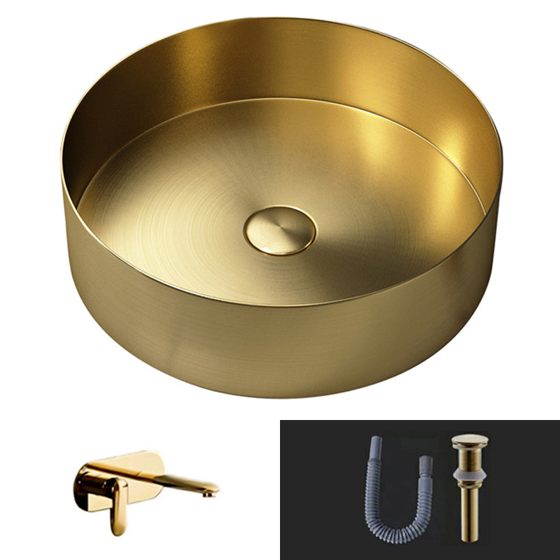 Modern Vessel Sink Round Metal with Basin and Faucet Vessel Lavatory Sink Champagne Gold Wall Mounted Faucet Sink with Faucet Clearhalo 'Bathroom Remodel & Bathroom Fixtures' 'Bathroom Sinks & Faucet Components' 'Bathroom Sinks' 'bathroom_sink' 'Home Improvement' 'home_improvement' 'home_improvement_bathroom_sink' 6511185