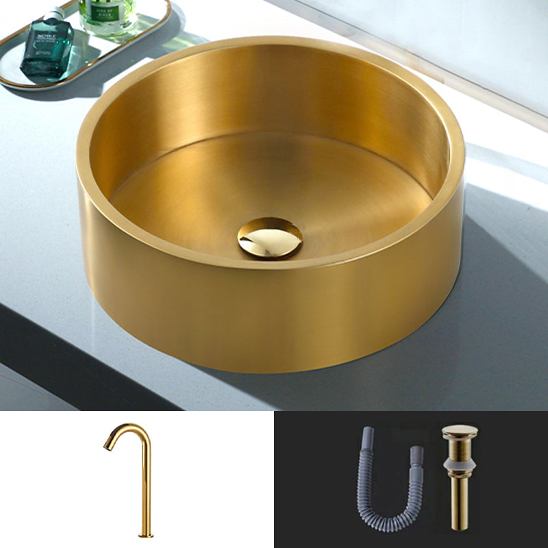 Modern Vessel Sink Round Metal with Basin and Faucet Vessel Lavatory Sink Gold Single Cooling Tap Sink with Faucet Clearhalo 'Bathroom Remodel & Bathroom Fixtures' 'Bathroom Sinks & Faucet Components' 'Bathroom Sinks' 'bathroom_sink' 'Home Improvement' 'home_improvement' 'home_improvement_bathroom_sink' 6511189