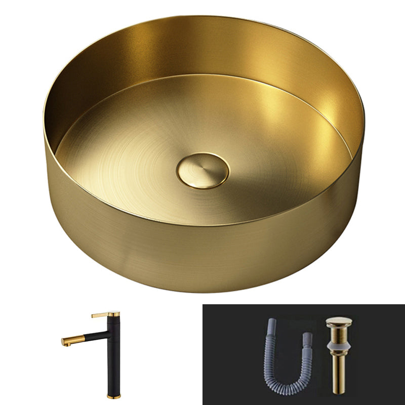 Modern Vessel Bathroom Sink Round Metal with Pop-Up Drain Vessel Lavatory Sink Gold Pull Out Faucet Sink with Faucet Clearhalo 'Bathroom Remodel & Bathroom Fixtures' 'Bathroom Sinks & Faucet Components' 'Bathroom Sinks' 'bathroom_sink' 'Home Improvement' 'home_improvement' 'home_improvement_bathroom_sink' 6511206