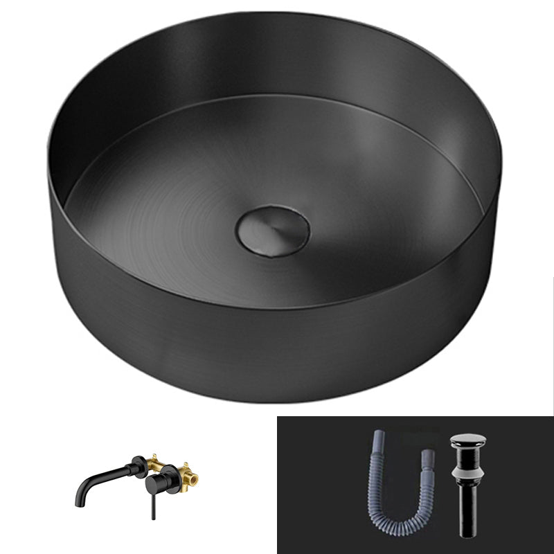 Modern Vessel Bathroom Sink Round Metal with Pop-Up Drain Vessel Lavatory Sink Black Wall Mounted Faucet Sink with Faucet Clearhalo 'Bathroom Remodel & Bathroom Fixtures' 'Bathroom Sinks & Faucet Components' 'Bathroom Sinks' 'bathroom_sink' 'Home Improvement' 'home_improvement' 'home_improvement_bathroom_sink' 6511212