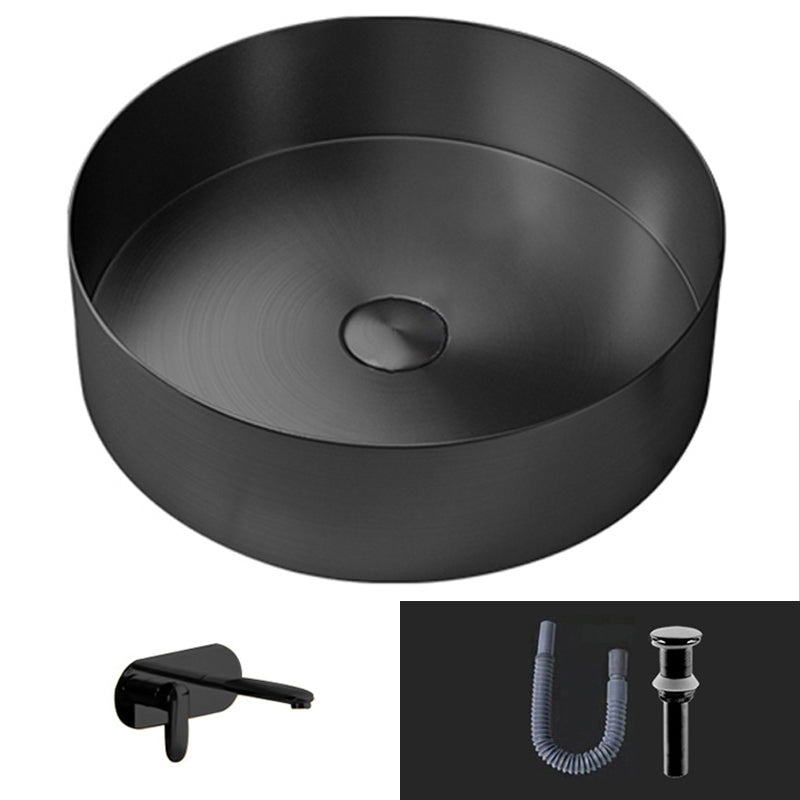 Modern Vessel Bathroom Sink Round Metal with Pop-Up Drain Vessel Lavatory Sink Black Wall Mounted Cold and Hot Dual Control Faucet Sink with Faucet Clearhalo 'Bathroom Remodel & Bathroom Fixtures' 'Bathroom Sinks & Faucet Components' 'Bathroom Sinks' 'bathroom_sink' 'Home Improvement' 'home_improvement' 'home_improvement_bathroom_sink' 6511216