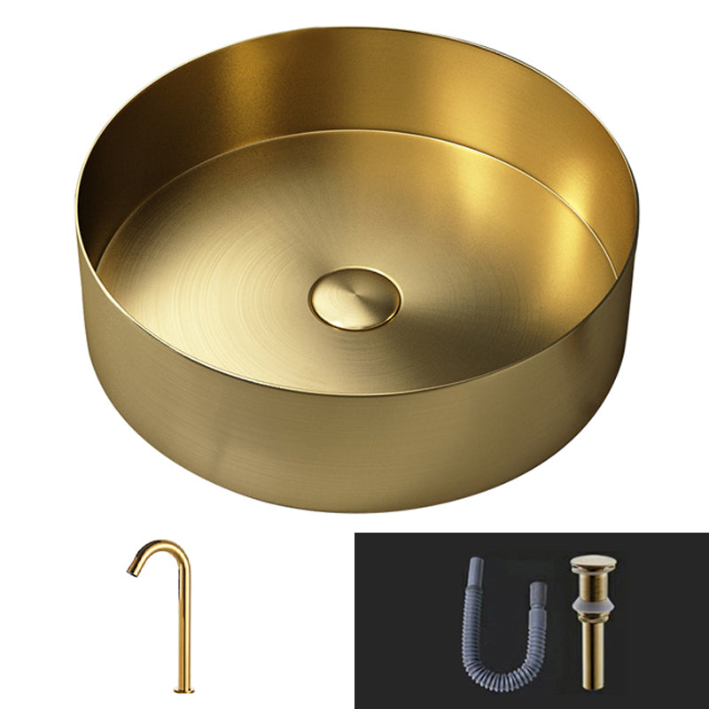 Modern Vessel Bathroom Sink Round Metal with Pop-Up Drain Vessel Lavatory Sink Gold Single Cooling Tap Sink with Faucet Clearhalo 'Bathroom Remodel & Bathroom Fixtures' 'Bathroom Sinks & Faucet Components' 'Bathroom Sinks' 'bathroom_sink' 'Home Improvement' 'home_improvement' 'home_improvement_bathroom_sink' 6511222