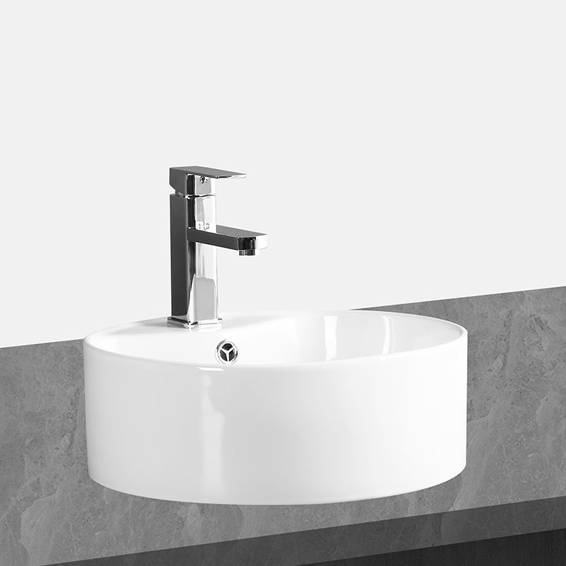Modern Vessel Bathroom Sink Round Porcelain with Overflow Vessel Lavatory Sink 16"L x 16"W x 6"H Square Faucet Sink with Faucet Clearhalo 'Bathroom Remodel & Bathroom Fixtures' 'Bathroom Sinks & Faucet Components' 'Bathroom Sinks' 'bathroom_sink' 'Home Improvement' 'home_improvement' 'home_improvement_bathroom_sink' 6511237