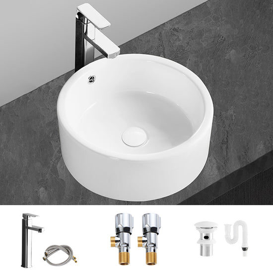 Modern Vessel Bathroom Sink Round Porcelain with Overflow Vessel Lavatory Sink - Clearhalo