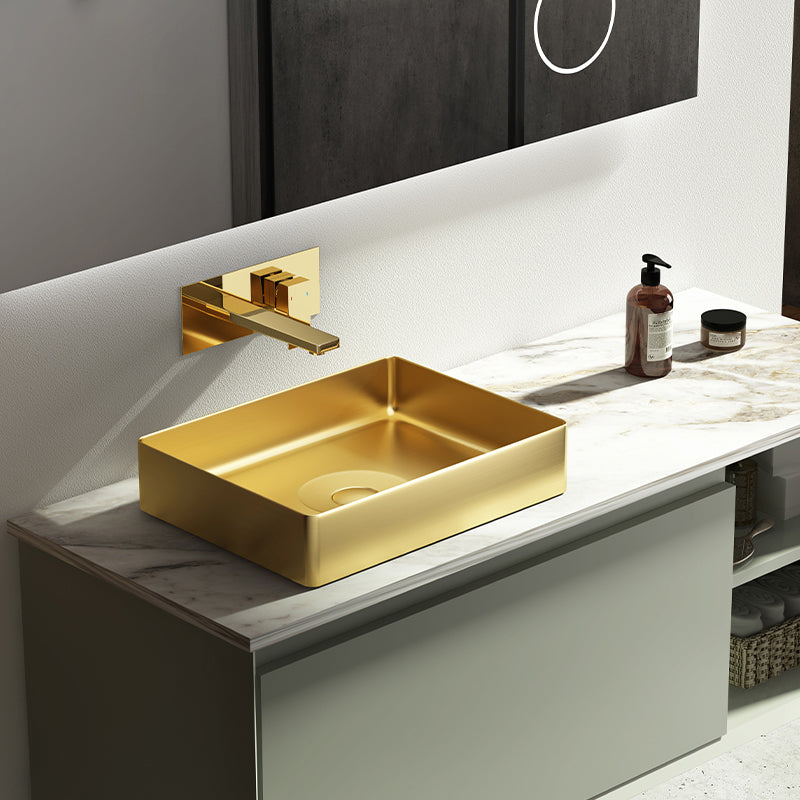 Modern Vessel Sink Metal Rectangular with Pop-Up Drain Vessel Bathroom Sink Gold Wall Mounted Cold and Hot Dual Control Faucet Sink with Faucet Clearhalo 'Bathroom Remodel & Bathroom Fixtures' 'Bathroom Sinks & Faucet Components' 'Bathroom Sinks' 'bathroom_sink' 'Home Improvement' 'home_improvement' 'home_improvement_bathroom_sink' 6511260