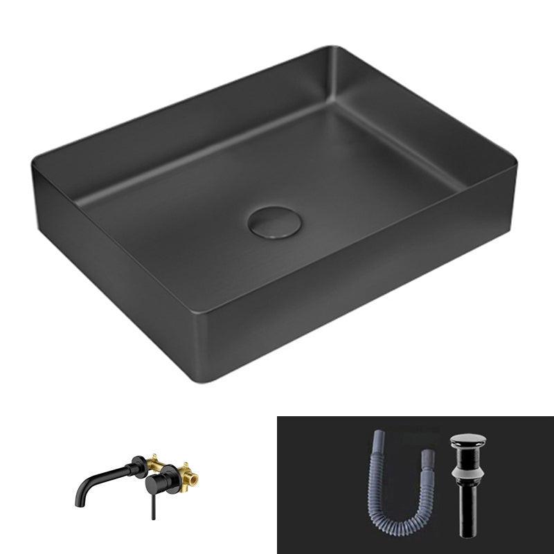 Modern Vessel Sink Metal Rectangular with Pop-Up Drain Vessel Bathroom Sink Black Wall Mounted Faucet Sink with Faucet Clearhalo 'Bathroom Remodel & Bathroom Fixtures' 'Bathroom Sinks & Faucet Components' 'Bathroom Sinks' 'bathroom_sink' 'Home Improvement' 'home_improvement' 'home_improvement_bathroom_sink' 6511269