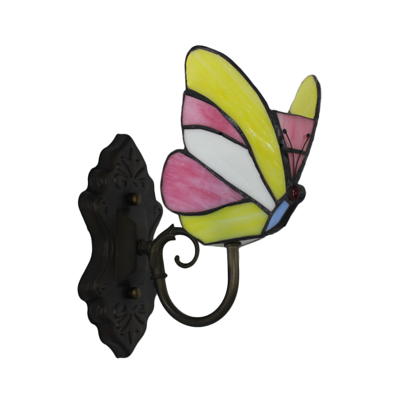 Stained Glass Butterfly Wall Lamp 1 Light Art Deco Wall Mounted Lighting in Yellow and Pink/Blue for Bedroom Clearhalo 'Industrial' 'Middle century wall lights' 'Tiffany wall lights' 'Tiffany' 'Wall Lamps & Sconces' 'Wall Lights' Lighting' 65113