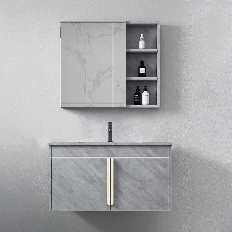 Glam Sink Vanity Wall-Mounted 2 Doors Rectangle Single Bathroom Sink Vanity with Mirror Vanity & Faucet & Mirror Cabinet Clearhalo 'Bathroom Remodel & Bathroom Fixtures' 'Bathroom Vanities' 'bathroom_vanities' 'Home Improvement' 'home_improvement' 'home_improvement_bathroom_vanities' 6511451