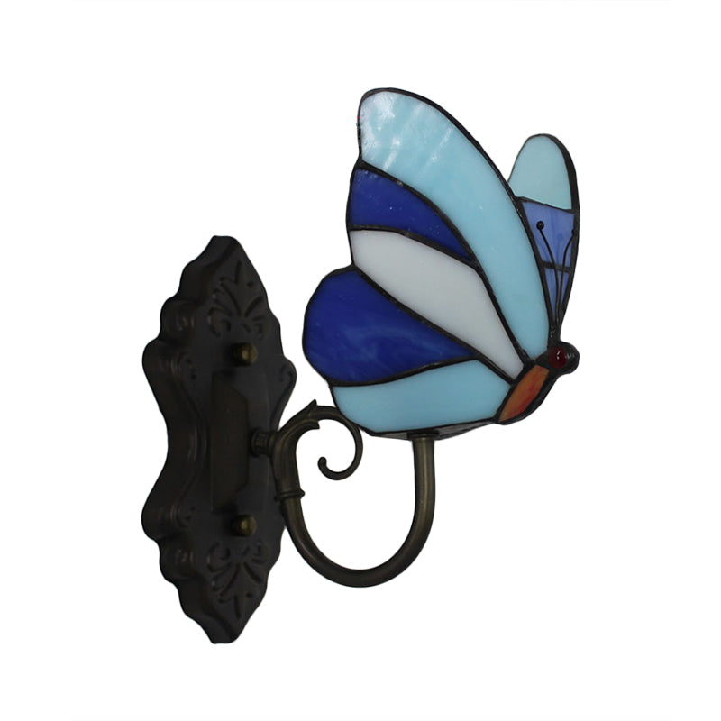 Stained Glass Butterfly Wall Lamp 1 Light Art Deco Wall Mounted Lighting in Yellow and Pink/Blue for Bedroom Clearhalo 'Industrial' 'Middle century wall lights' 'Tiffany wall lights' 'Tiffany' 'Wall Lamps & Sconces' 'Wall Lights' Lighting' 65116