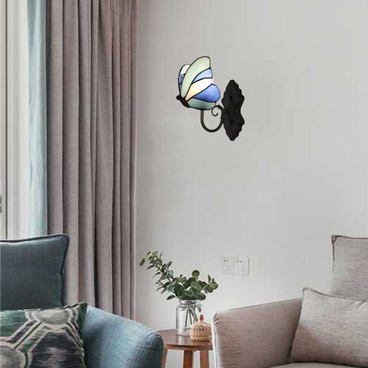Stained Glass Butterfly Wall Lamp 1 Light Art Deco Wall Mounted Lighting in Yellow and Pink/Blue for Bedroom Blue Clearhalo 'Industrial' 'Middle century wall lights' 'Tiffany wall lights' 'Tiffany' 'Wall Lamps & Sconces' 'Wall Lights' Lighting' 65117