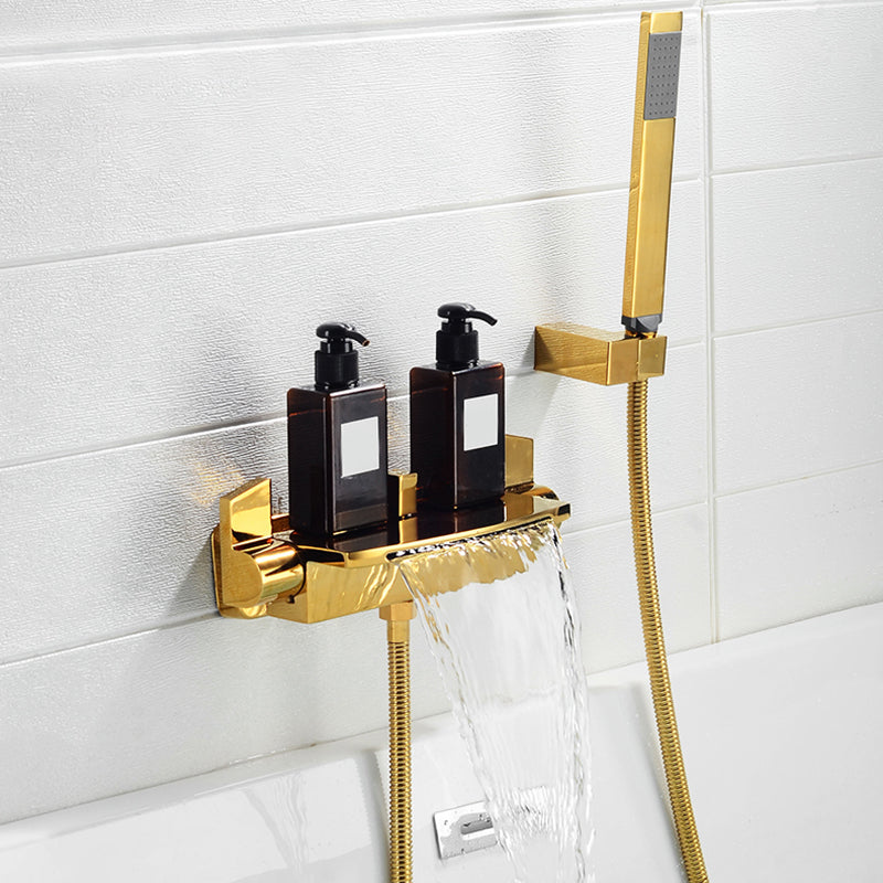 Tub Spout Bathroom Waterfall Wall Mounted Storage Shelf Bathroom Faucet Gold Hand Shower Included Risers Not Included Clearhalo 'Bathroom Remodel & Bathroom Fixtures' 'Bathtub Faucets' 'bathtub_faucets' 'Home Improvement' 'home_improvement' 'home_improvement_bathtub_faucets' 6511985