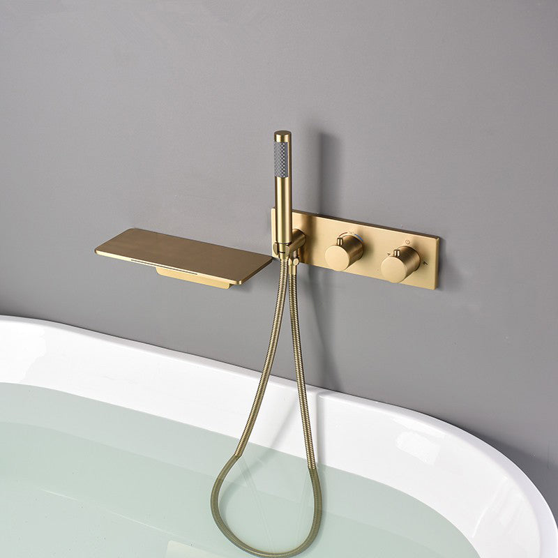 Bathroom Tub Spout Waterfall Wall Mounted Fixed Bathtub Faucet with Hose Gold Clearhalo 'Bathroom Remodel & Bathroom Fixtures' 'Bathtub Faucets' 'bathtub_faucets' 'Home Improvement' 'home_improvement' 'home_improvement_bathtub_faucets' 6512005