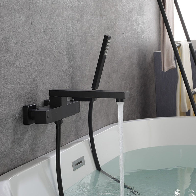 Modern Bathroom Faucet Wall Mounted Fixed Knob Handle Faucet Tub Black Hand Shower Included Clearhalo 'Bathroom Remodel & Bathroom Fixtures' 'Bathtub Faucets' 'bathtub_faucets' 'Home Improvement' 'home_improvement' 'home_improvement_bathtub_faucets' 6512019