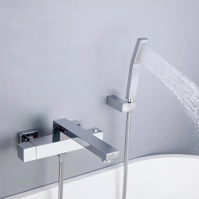 Modern Bathroom Faucet Wall Mounted Fixed Knob Handle Faucet Tub Chrome Hand Shower Included Clearhalo 'Bathroom Remodel & Bathroom Fixtures' 'Bathtub Faucets' 'bathtub_faucets' 'Home Improvement' 'home_improvement' 'home_improvement_bathtub_faucets' 6512023