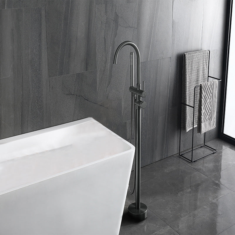 Floor Mounted Metal Freestanding Tub Filler Single Handle Freestanding Faucet Gun Grey Hand Shower Included Clearhalo 'Bathroom Remodel & Bathroom Fixtures' 'Bathtub Faucets' 'bathtub_faucets' 'Home Improvement' 'home_improvement' 'home_improvement_bathtub_faucets' 6512035