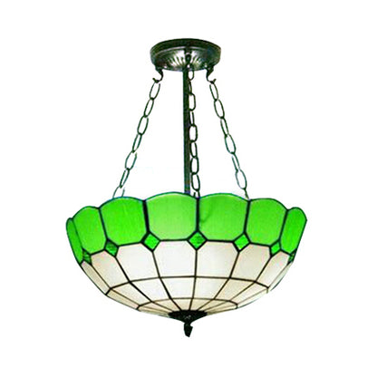 Vintage Bowl Ceiling Fixture Stained Glass 2/3 Lights Semi Flush Mount in Green for Living Room Green Clearhalo 'Ceiling Lights' 'Close To Ceiling Lights' 'Close to ceiling' 'Glass shade' 'Glass' 'Semi-flushmount' 'Tiffany close to ceiling' 'Tiffany' Lighting' 65123