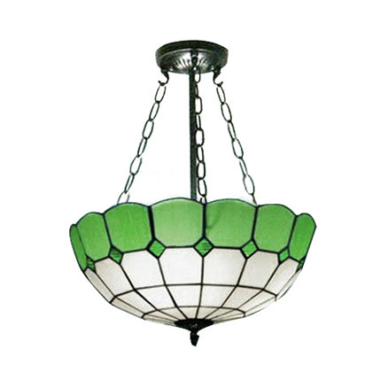 Vintage Bowl Ceiling Fixture Stained Glass 2/3 Lights Semi Flush Mount in Green for Living Room Clearhalo 'Ceiling Lights' 'Close To Ceiling Lights' 'Close to ceiling' 'Glass shade' 'Glass' 'Semi-flushmount' 'Tiffany close to ceiling' 'Tiffany' Lighting' 65124