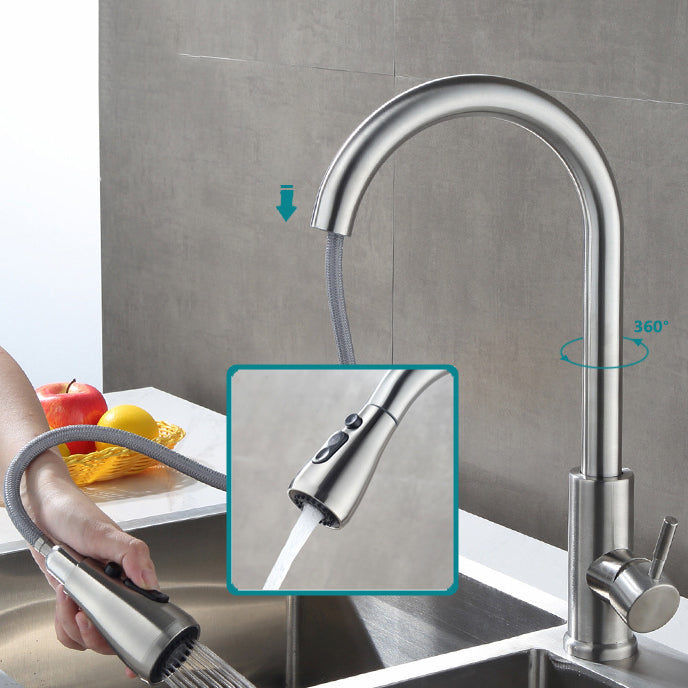 Contemporary Retractable Kitchen Faucet Stainless Steel 1-Handle High Arc Kitchen Faucet Clearhalo 'Home Improvement' 'home_improvement' 'home_improvement_kitchen_faucets' 'Kitchen Faucets' 'Kitchen Remodel & Kitchen Fixtures' 'Kitchen Sinks & Faucet Components' 'kitchen_faucets' 6522295