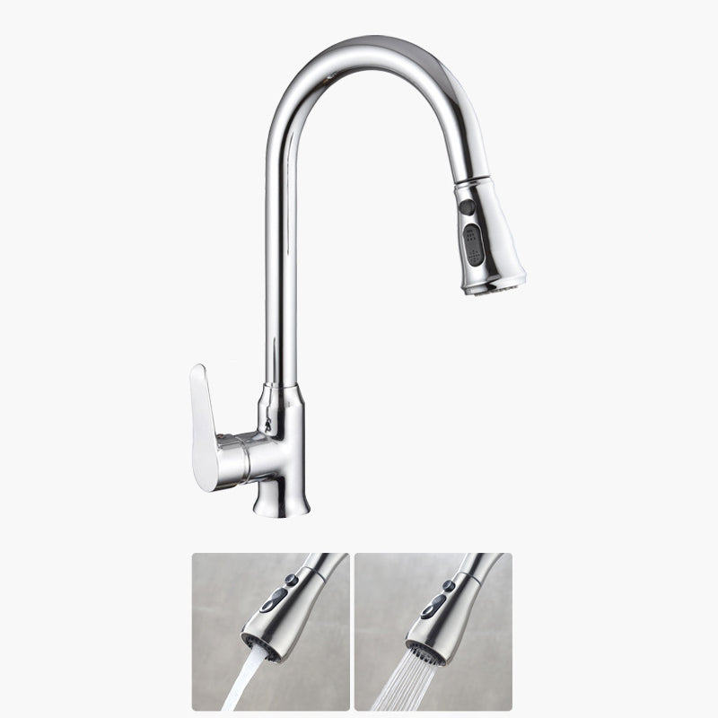 Contemporary Retractable Kitchen Faucet Stainless Steel 1-Handle High Arc Kitchen Faucet Copper Silver One-click Water Stop Clearhalo 'Home Improvement' 'home_improvement' 'home_improvement_kitchen_faucets' 'Kitchen Faucets' 'Kitchen Remodel & Kitchen Fixtures' 'Kitchen Sinks & Faucet Components' 'kitchen_faucets' 6522297