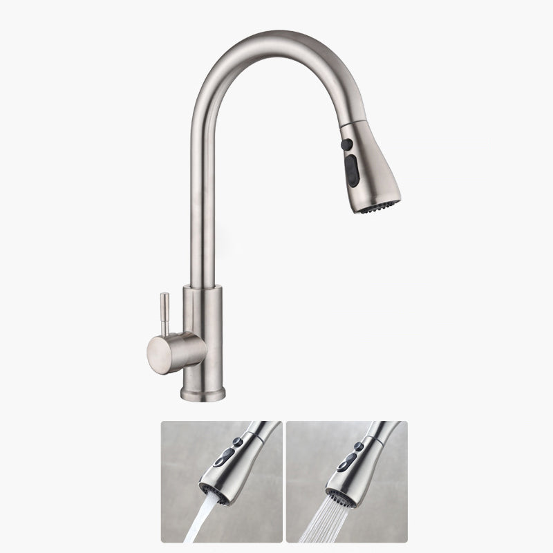 Contemporary Retractable Kitchen Faucet Stainless Steel 1-Handle High Arc Kitchen Faucet Stainless Steel Silver One-click Water Stop Clearhalo 'Home Improvement' 'home_improvement' 'home_improvement_kitchen_faucets' 'Kitchen Faucets' 'Kitchen Remodel & Kitchen Fixtures' 'Kitchen Sinks & Faucet Components' 'kitchen_faucets' 6522299