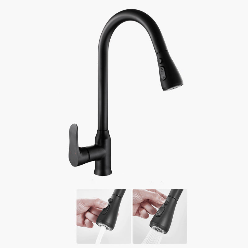 Contemporary Retractable Kitchen Faucet Stainless Steel 1-Handle High Arc Kitchen Faucet Copper Black One-click Water Stop Clearhalo 'Home Improvement' 'home_improvement' 'home_improvement_kitchen_faucets' 'Kitchen Faucets' 'Kitchen Remodel & Kitchen Fixtures' 'Kitchen Sinks & Faucet Components' 'kitchen_faucets' 6522300