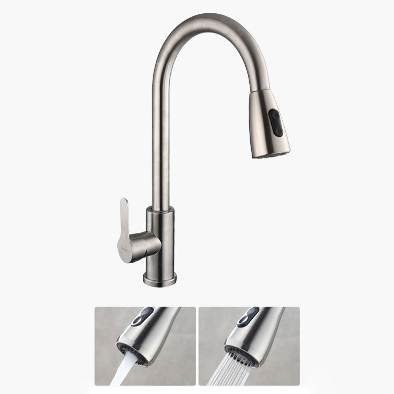 Contemporary Retractable Kitchen Faucet Stainless Steel 1-Handle High Arc Kitchen Faucet Stainless Steel Silver Dual Mode Water Outlet Clearhalo 'Home Improvement' 'home_improvement' 'home_improvement_kitchen_faucets' 'Kitchen Faucets' 'Kitchen Remodel & Kitchen Fixtures' 'Kitchen Sinks & Faucet Components' 'kitchen_faucets' 6522303