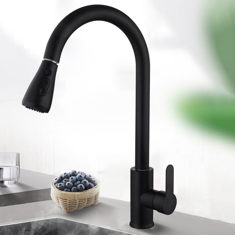 Contemporary Retractable Kitchen Faucet Stainless Steel 1-Handle High Arc Kitchen Faucet Stainless Steel Black One-click Water Stop Clearhalo 'Home Improvement' 'home_improvement' 'home_improvement_kitchen_faucets' 'Kitchen Faucets' 'Kitchen Remodel & Kitchen Fixtures' 'Kitchen Sinks & Faucet Components' 'kitchen_faucets' 6522314