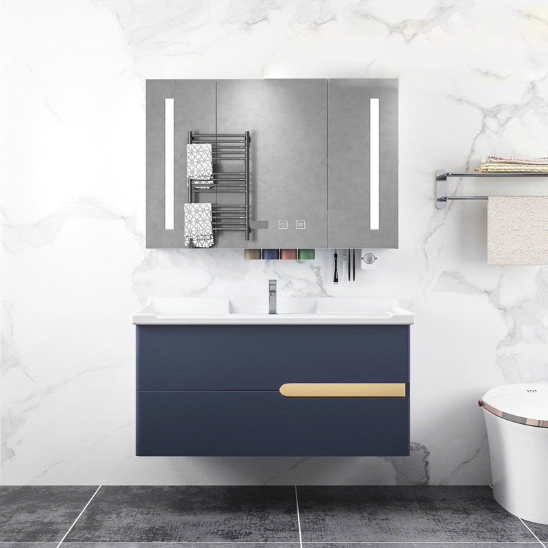 Gorgeous Wooden Sink Vanity Blue Wall Mount Vanity Cabinet with Mirror Cabinet Vanity & Faucet & Mirror Cabinet 39"L x 19"W x 19"H Clearhalo 'Bathroom Remodel & Bathroom Fixtures' 'Bathroom Vanities' 'bathroom_vanities' 'Home Improvement' 'home_improvement' 'home_improvement_bathroom_vanities' 6528010