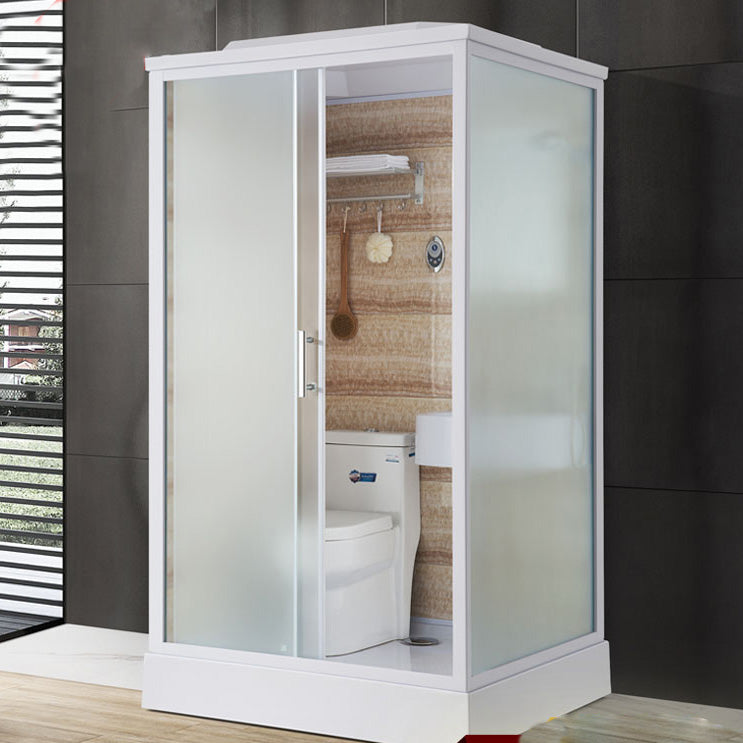 Frosted Glass Single Sliding Shower Enclosure Framed Shower Kit in White Clearhalo 'Bathroom Remodel & Bathroom Fixtures' 'Home Improvement' 'home_improvement' 'home_improvement_shower_stalls_enclosures' 'Shower Stalls & Enclosures' 'shower_stalls_enclosures' 'Showers & Bathtubs' 6528190