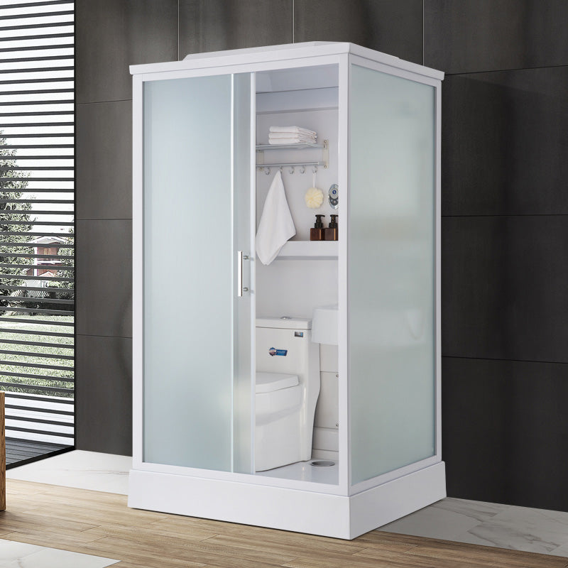 Frosted Glass Single Sliding Shower Enclosure Framed Shower Kit in White Toilet Included Front Opening Clearhalo 'Bathroom Remodel & Bathroom Fixtures' 'Home Improvement' 'home_improvement' 'home_improvement_shower_stalls_enclosures' 'Shower Stalls & Enclosures' 'shower_stalls_enclosures' 'Showers & Bathtubs' 6528194