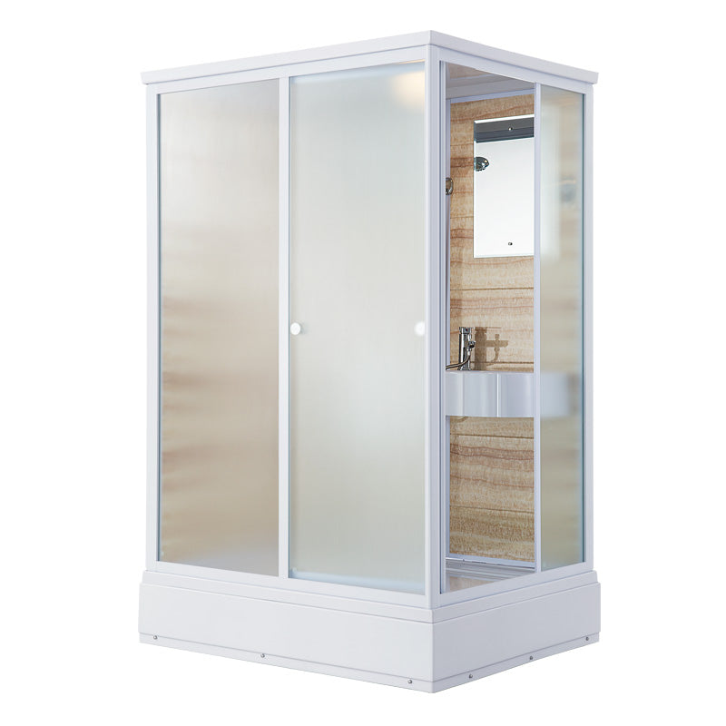 Frosted Glass Single Sliding Shower Enclosure Framed Shower Kit in White Clearhalo 'Bathroom Remodel & Bathroom Fixtures' 'Home Improvement' 'home_improvement' 'home_improvement_shower_stalls_enclosures' 'Shower Stalls & Enclosures' 'shower_stalls_enclosures' 'Showers & Bathtubs' 6528195