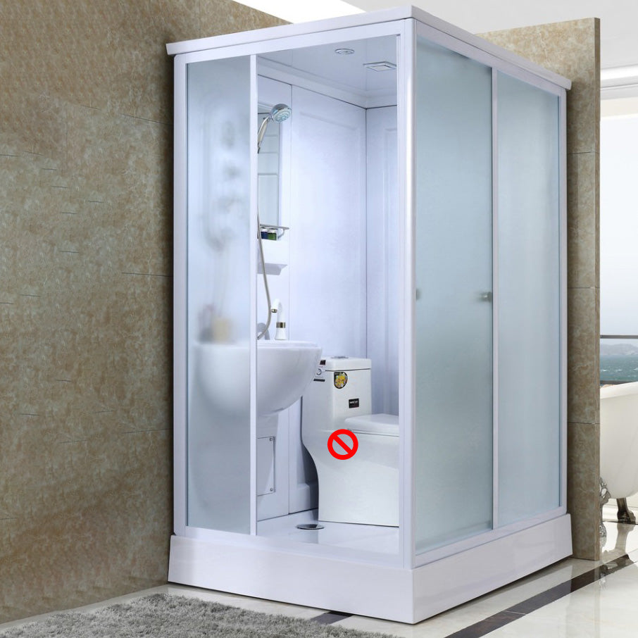Frosted Glass Single Sliding Shower Enclosure Framed Shower Kit in White Toilet Not Included Sided Opening Clearhalo 'Bathroom Remodel & Bathroom Fixtures' 'Home Improvement' 'home_improvement' 'home_improvement_shower_stalls_enclosures' 'Shower Stalls & Enclosures' 'shower_stalls_enclosures' 'Showers & Bathtubs' 6528196