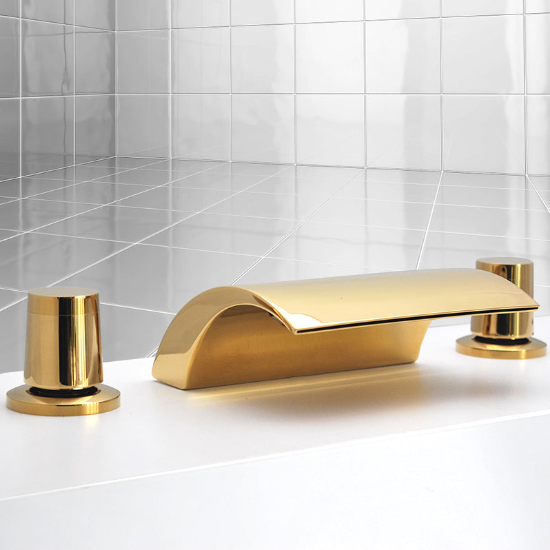 Contemporary Bath Faucet Trim Metal Deck Mounted Bath Faucet Trim Gold Tapered Handle 3 Hole Faucets Clearhalo 'Bathroom Remodel & Bathroom Fixtures' 'Bathtub Faucets' 'bathtub_faucets' 'Home Improvement' 'home_improvement' 'home_improvement_bathtub_faucets' 6528286