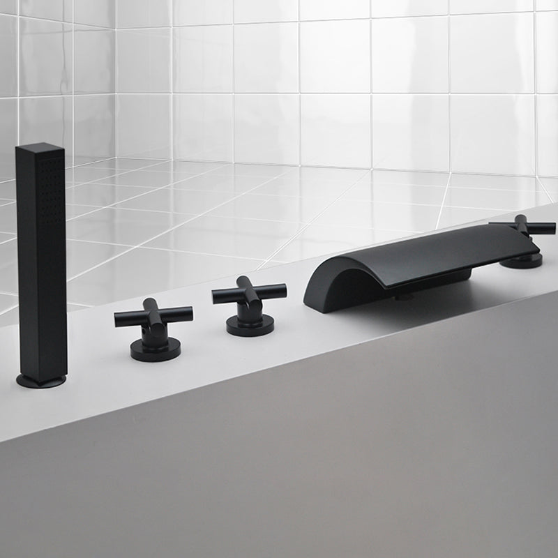 Contemporary Bath Faucet Trim Metal Deck Mounted Bath Faucet Trim Black Cross Handles 5 Hole Faucets Clearhalo 'Bathroom Remodel & Bathroom Fixtures' 'Bathtub Faucets' 'bathtub_faucets' 'Home Improvement' 'home_improvement' 'home_improvement_bathtub_faucets' 6528292