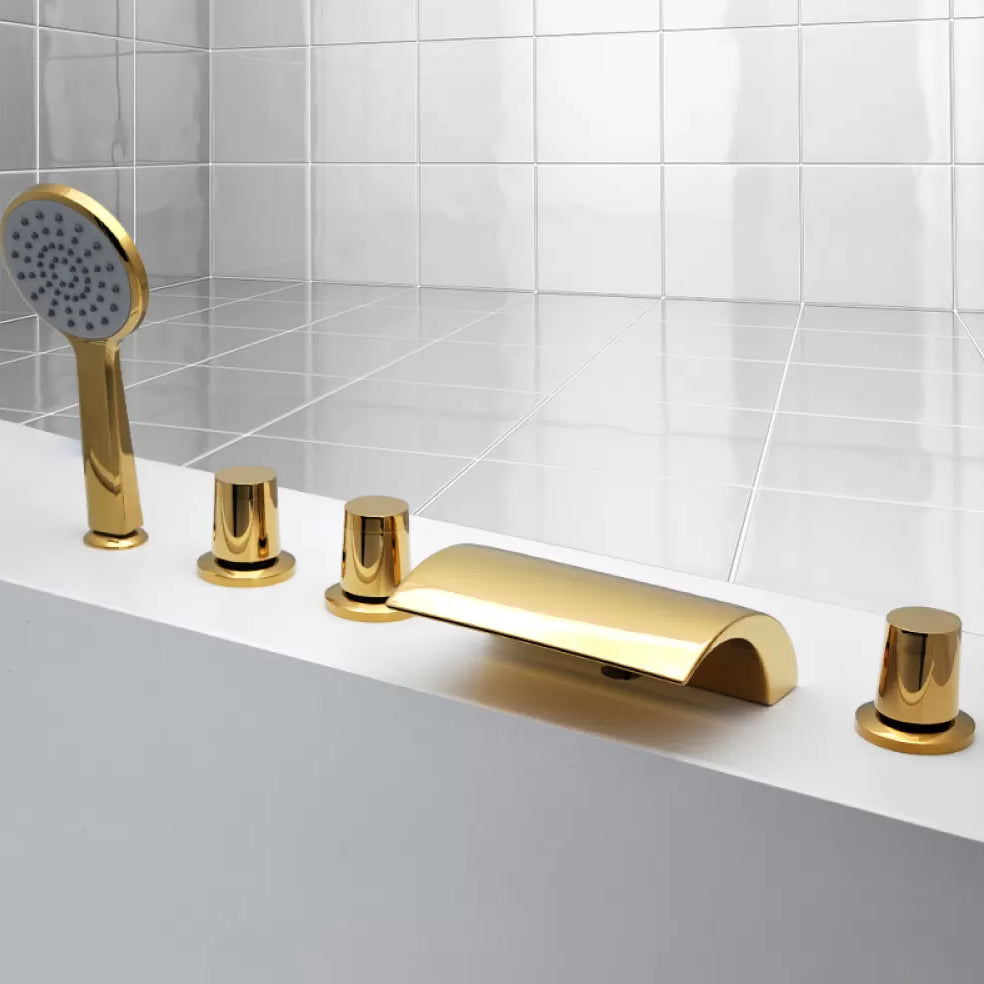 Contemporary Bath Faucet Trim Metal Deck Mounted Bath Faucet Trim Gold Tapered Handle 5 Hole Faucets Clearhalo 'Bathroom Remodel & Bathroom Fixtures' 'Bathtub Faucets' 'bathtub_faucets' 'Home Improvement' 'home_improvement' 'home_improvement_bathtub_faucets' 6528303