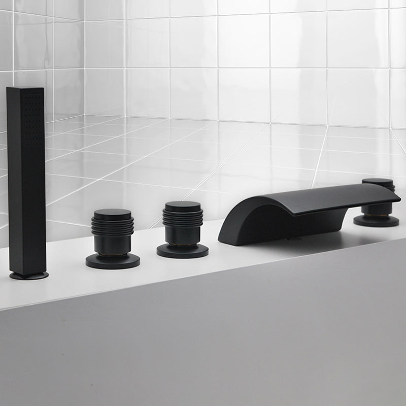 Contemporary Bath Faucet Trim Metal Deck Mounted Bath Faucet Trim Black Cylindrical Handle 5 Hole Faucets Clearhalo 'Bathroom Remodel & Bathroom Fixtures' 'Bathtub Faucets' 'bathtub_faucets' 'Home Improvement' 'home_improvement' 'home_improvement_bathtub_faucets' 6528304