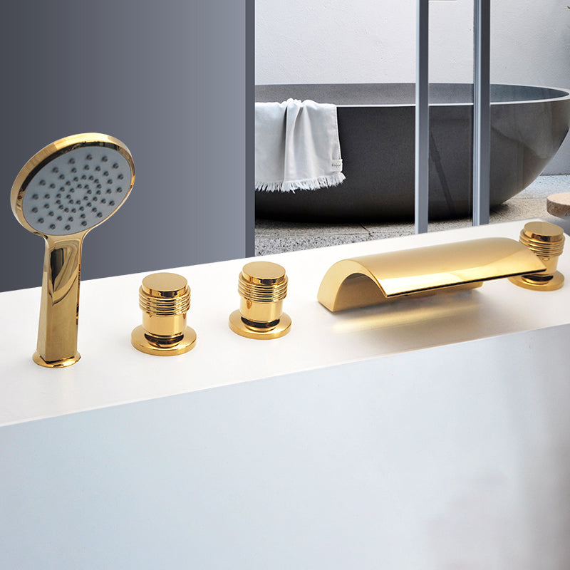 Contemporary Bath Faucet Trim Metal Deck Mounted Bath Faucet Trim Gold Cylindrical Handle 5 Hole Faucets Clearhalo 'Bathroom Remodel & Bathroom Fixtures' 'Bathtub Faucets' 'bathtub_faucets' 'Home Improvement' 'home_improvement' 'home_improvement_bathtub_faucets' 6528305