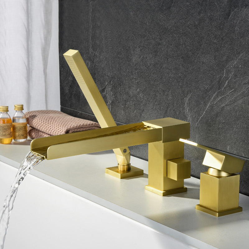 Deck Mounted Bathroom Faucet Modern Style Copper Bathroom Faucet Gold 3 Hole Faucets Clearhalo 'Bathroom Remodel & Bathroom Fixtures' 'Bathtub Faucets' 'bathtub_faucets' 'Home Improvement' 'home_improvement' 'home_improvement_bathtub_faucets' 6528339