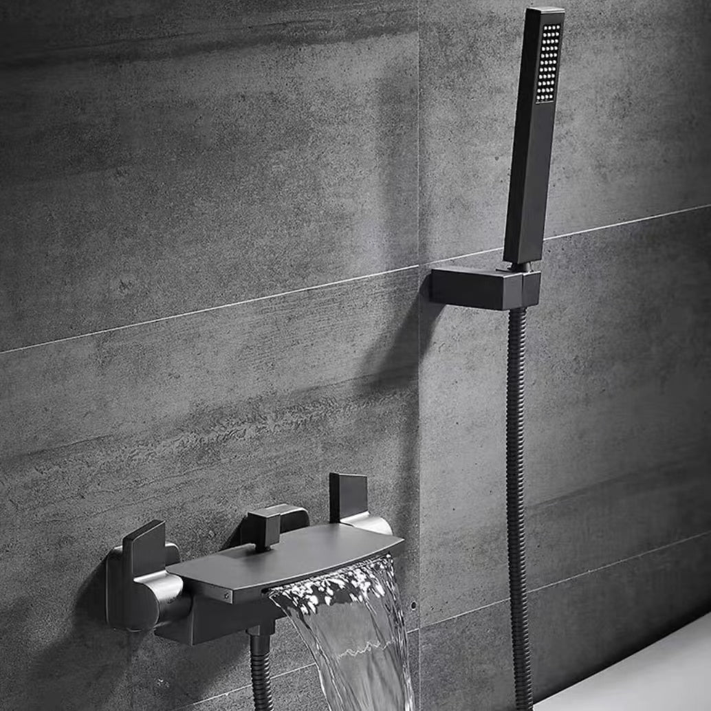 Wall Mounted Bathroom Faucet Modern Style Mental Bathroom Faucet Grey Hand Shower Included Clearhalo 'Bathroom Remodel & Bathroom Fixtures' 'Bathtub Faucets' 'bathtub_faucets' 'Home Improvement' 'home_improvement' 'home_improvement_bathtub_faucets' 6528373