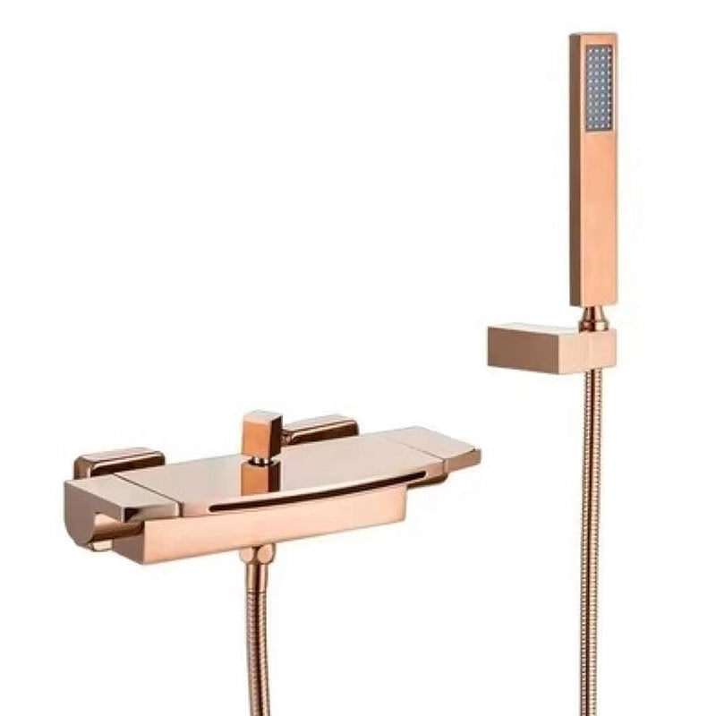 Wall Mounted Bathroom Faucet Modern Style Mental Bathroom Faucet Rose Gold Hand Shower Included Clearhalo 'Bathroom Remodel & Bathroom Fixtures' 'Bathtub Faucets' 'bathtub_faucets' 'Home Improvement' 'home_improvement' 'home_improvement_bathtub_faucets' 6528378