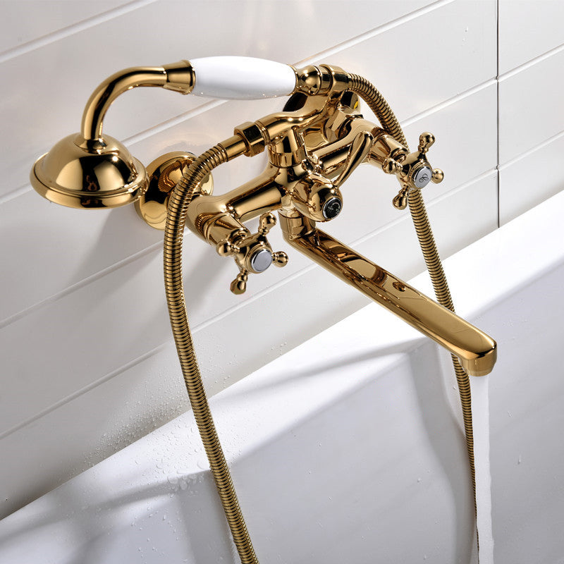 Wall Mounted Bathroom Faucet Metal Swivel Bathroom Faucet with Hand Shower Gold Clearhalo 'Bathroom Remodel & Bathroom Fixtures' 'Bathtub Faucets' 'bathtub_faucets' 'Home Improvement' 'home_improvement' 'home_improvement_bathtub_faucets' 6528401