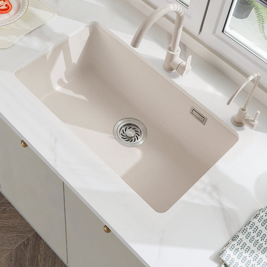 White Quartz Kitchen Sink Single Bowl Sink with Basket Strainer 24"L x 18"W x 8"H Sink with Faucet Round Faucet Clearhalo 'Home Improvement' 'home_improvement' 'home_improvement_kitchen_sinks' 'Kitchen Remodel & Kitchen Fixtures' 'Kitchen Sinks & Faucet Components' 'Kitchen Sinks' 'kitchen_sinks' 6528792