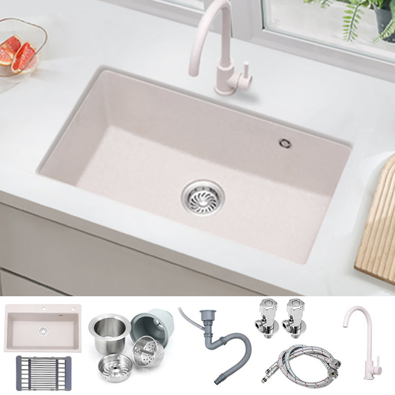 White Quartz Kitchen Sink Single Bowl Sink with Basket Strainer Sink with Faucet Round Faucet Clearhalo 'Home Improvement' 'home_improvement' 'home_improvement_kitchen_sinks' 'Kitchen Remodel & Kitchen Fixtures' 'Kitchen Sinks & Faucet Components' 'Kitchen Sinks' 'kitchen_sinks' 6528793